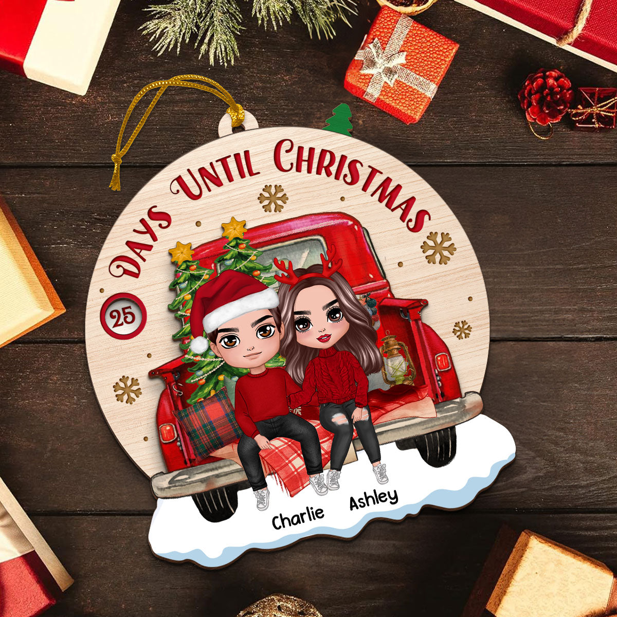 Family Couple On Christmas Truck Personalized Wooden Countdown Ornament
