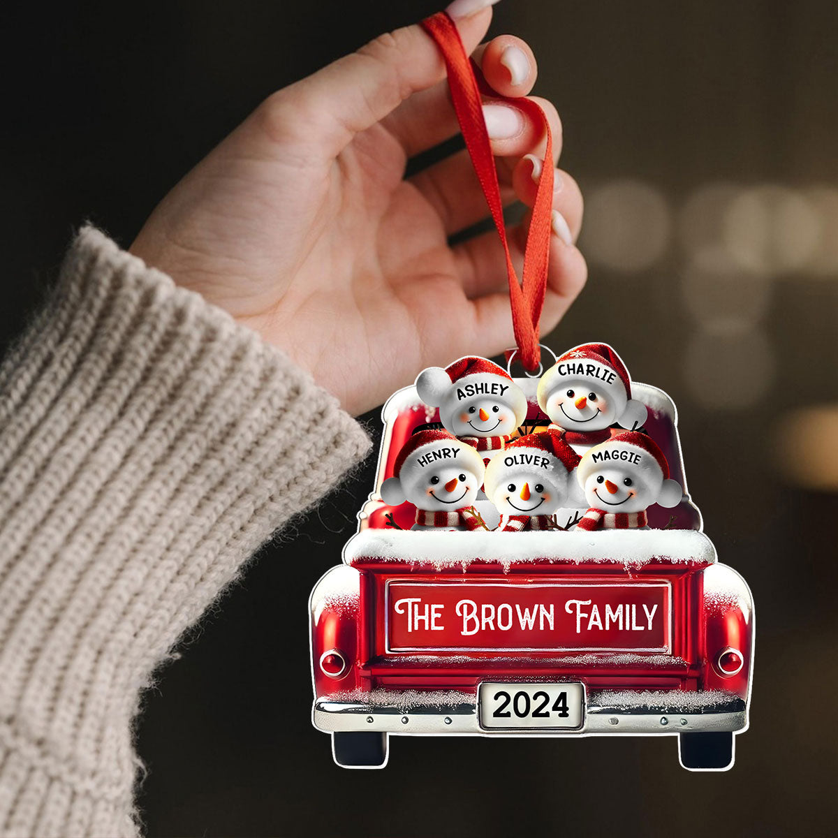 Personalized Snowman Family Acrylic Christmas Ornament, Red Truck Custom Name 3D Effect Ornament