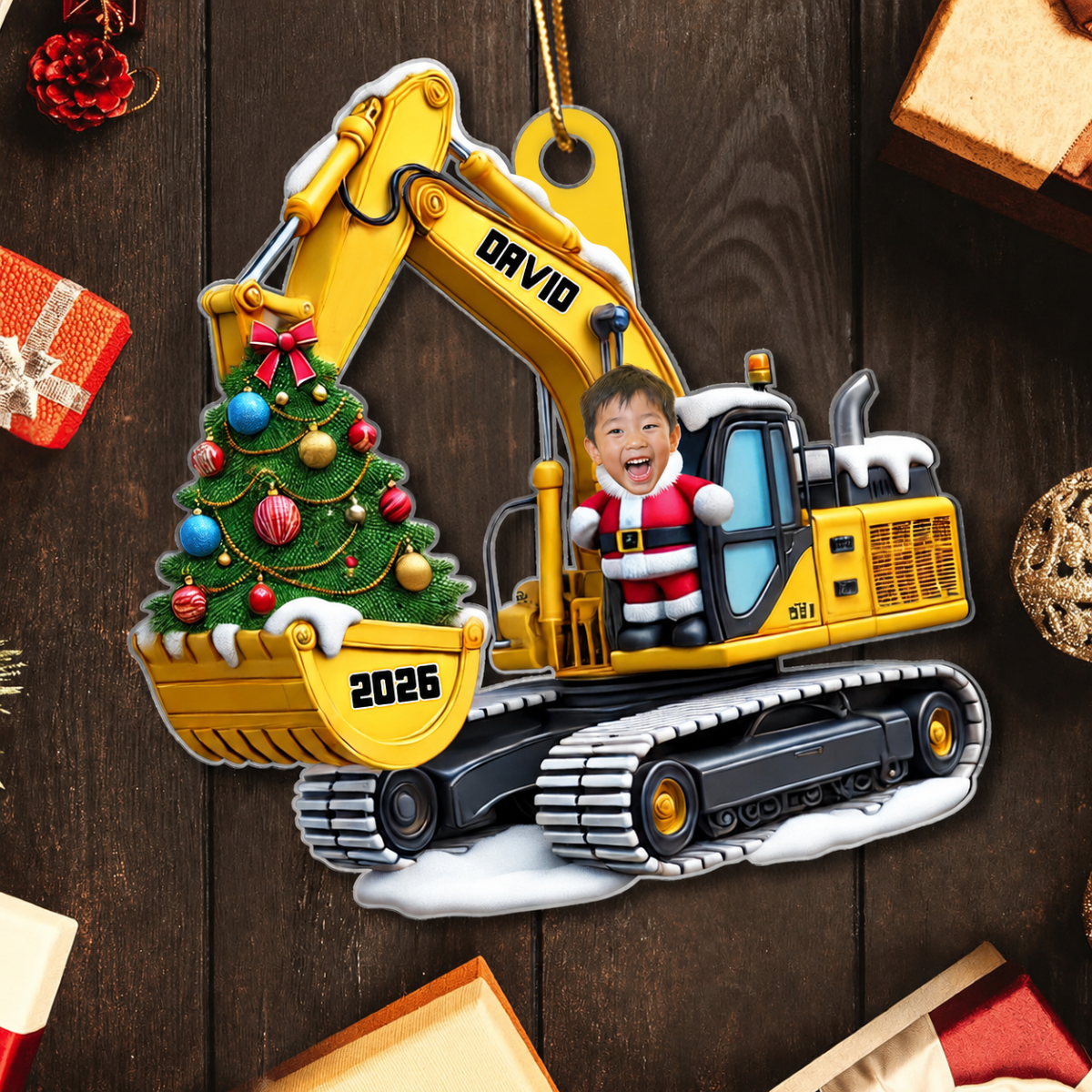 Personalized Xmas Excavator Construction Backhoe Kid Photo Ornament, 3D Effect Xmas Gift For Kids