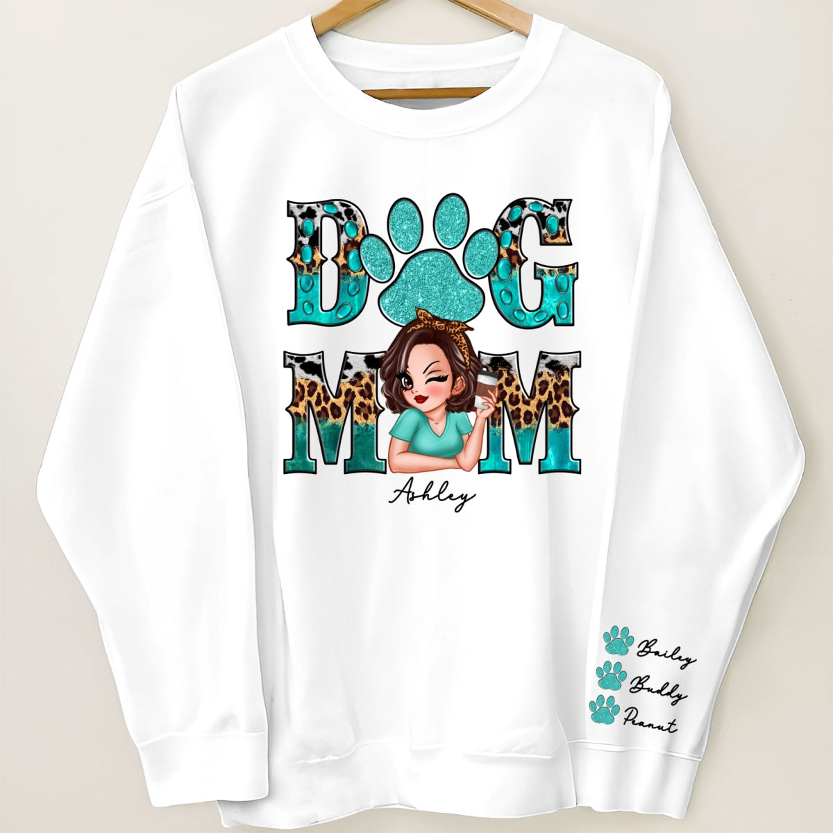 Teal And Leopard Dog Mom Gift For Dog Lovers Personalized Sleeve Printed Sweatshirt