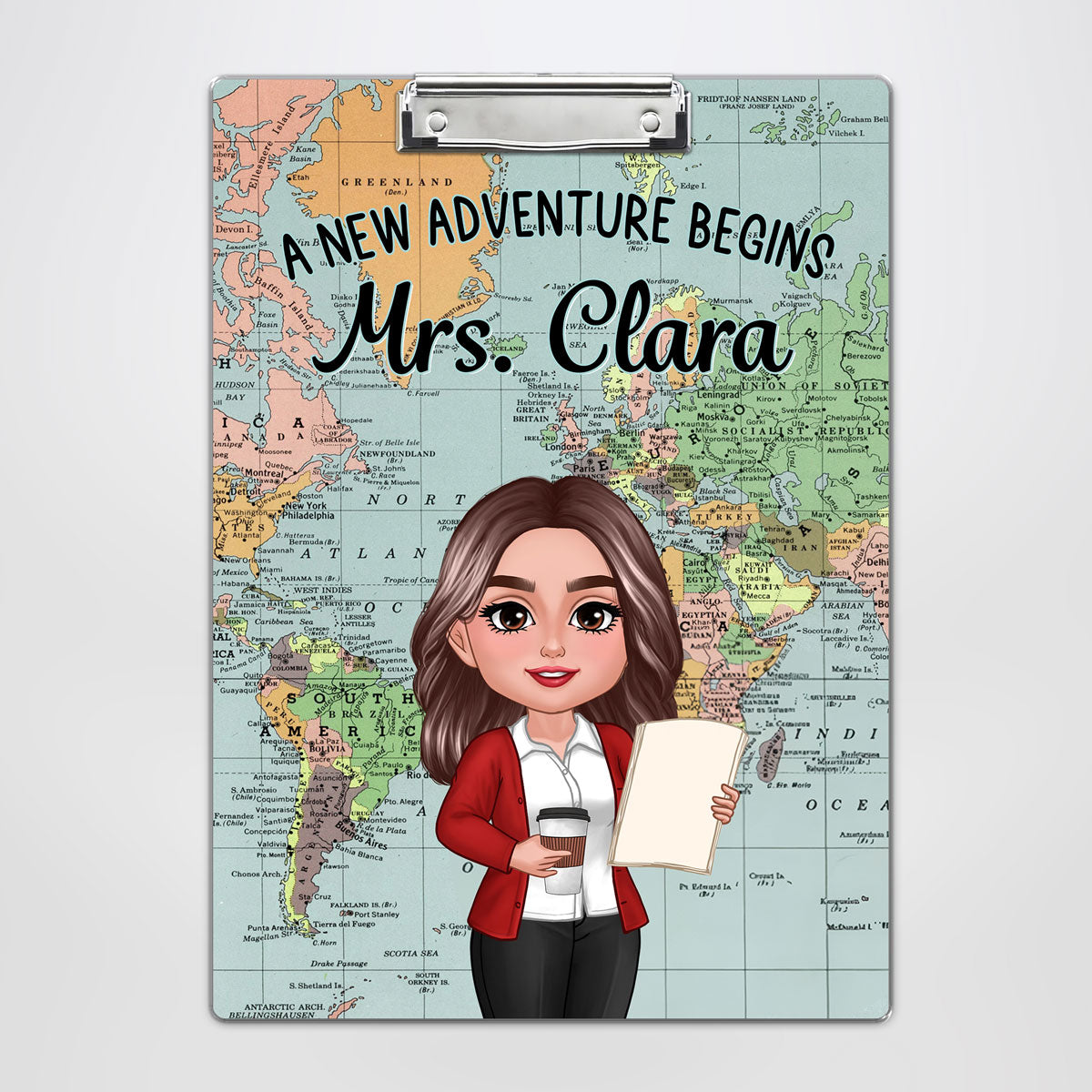 World Map Adventure Themed Teacher Personalized Clipboard, Back To School Gift For Teacher, Colleagues