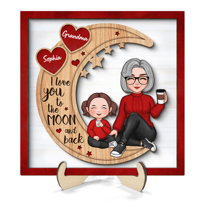 Red Heart Cute Grandma Grandkids Sitting On Moon Personalized 2-Layer Wooden Plaque