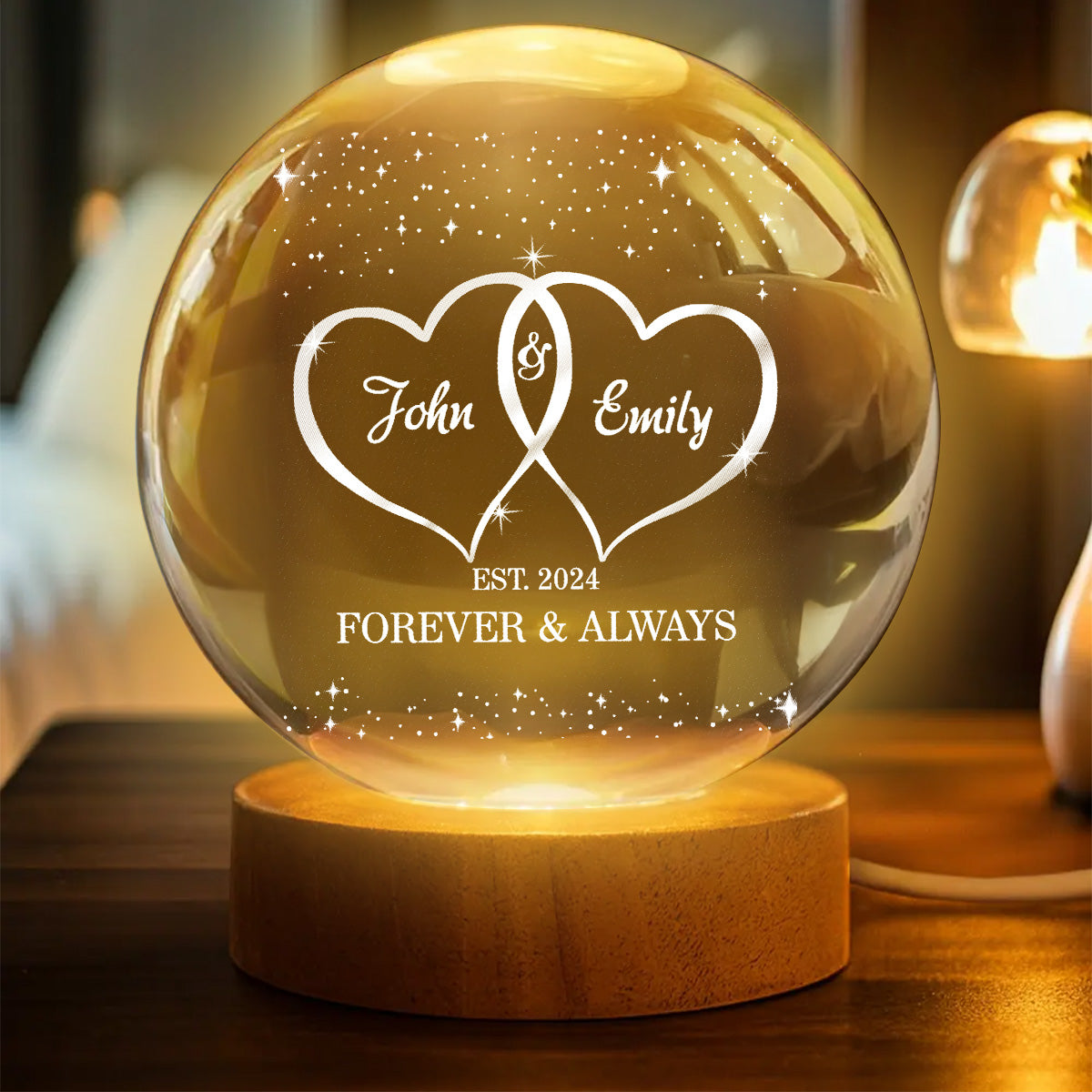 Eternal Love Galaxy Couple Hearts - Personalized Crystal Ball LED Night Light - Valentine's Day Gift For Couple, For Her, For Him
