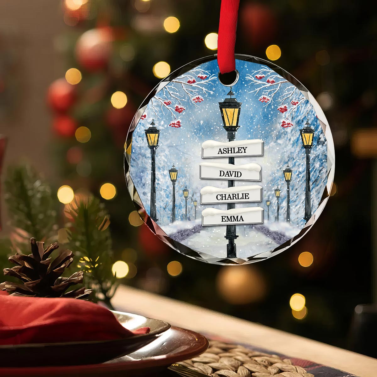 Winter Family Names Lamp Post Signs Christmas Glass Ornament, Christmas Gift For Family