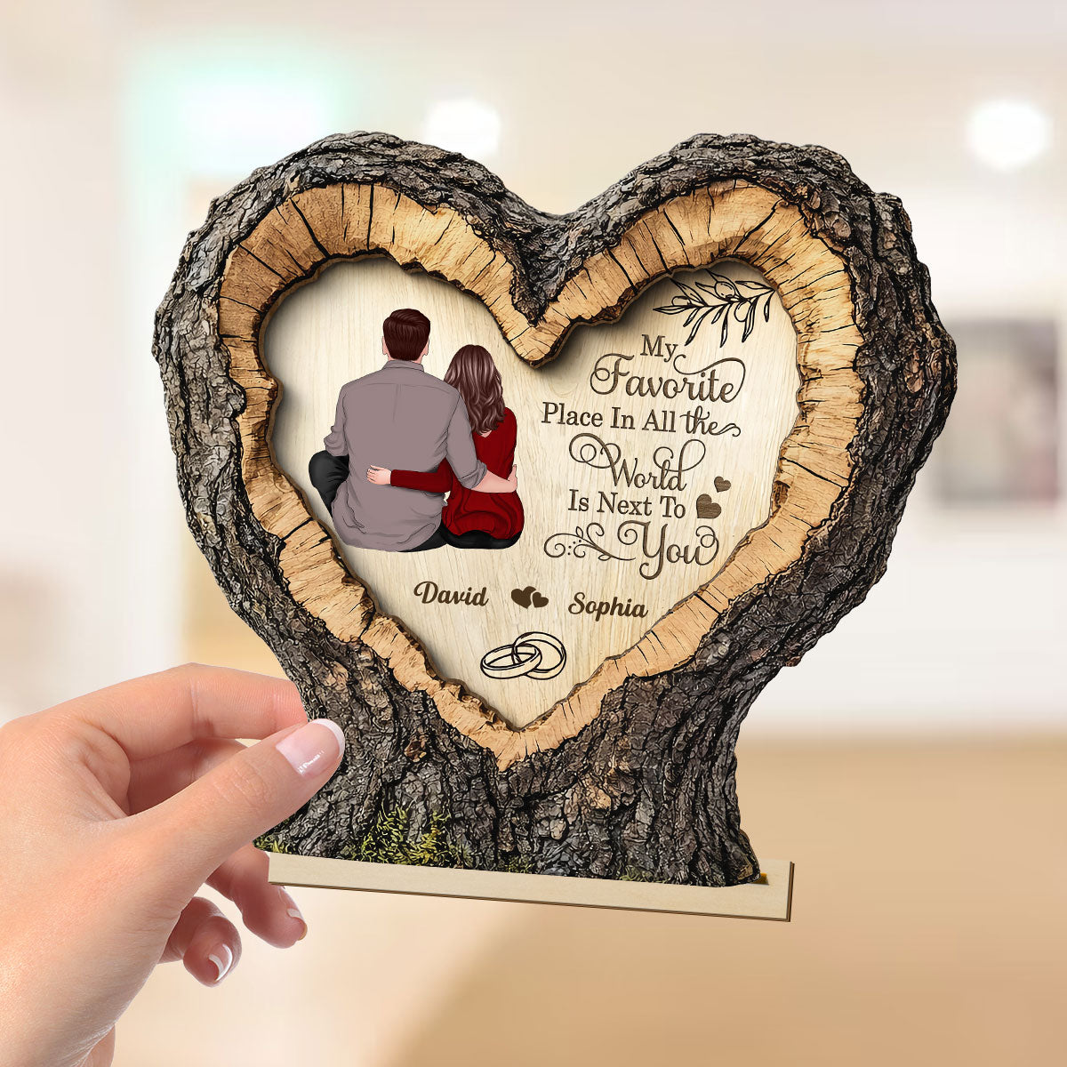 Favorite Place Next To You Couple Sitting 2D Flat - Personalized 2-Layered Wooden Plaque - Anniversary Gift, Valentine's Gift For Him, For Her