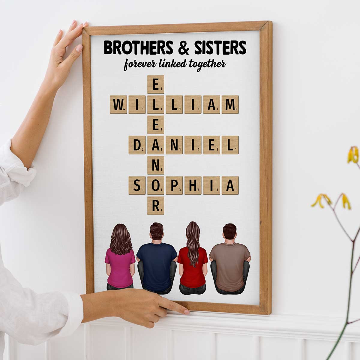 Crossword Art Brothers & Sisters Forever Linked Together Back View Sitting Personalized Poster