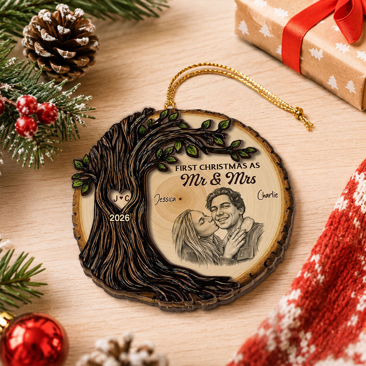 First Christmas As Mr Mrs Couple - Personalized 2-Layered Wooden Ornament - Christmas Gift For Married Couple