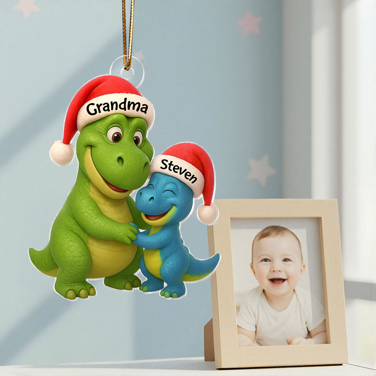 3D Effect Heartwarming Grandmasaurus Hugging Dinosaur Grandkid - Personalized Acrylic Car Hanger - Fun & Unique Gift For Grandkids