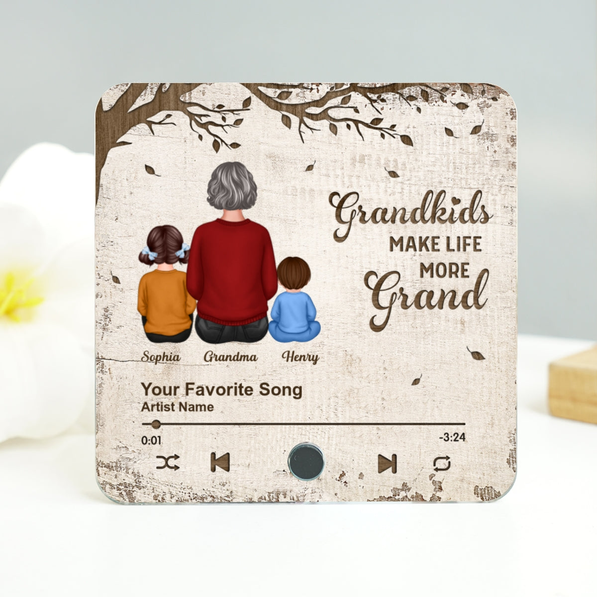 Grandkids Make Life More Grand, Grandma Grandkids Sitting Back View Personalized Music Fridge Magnet, Gift for Grandma