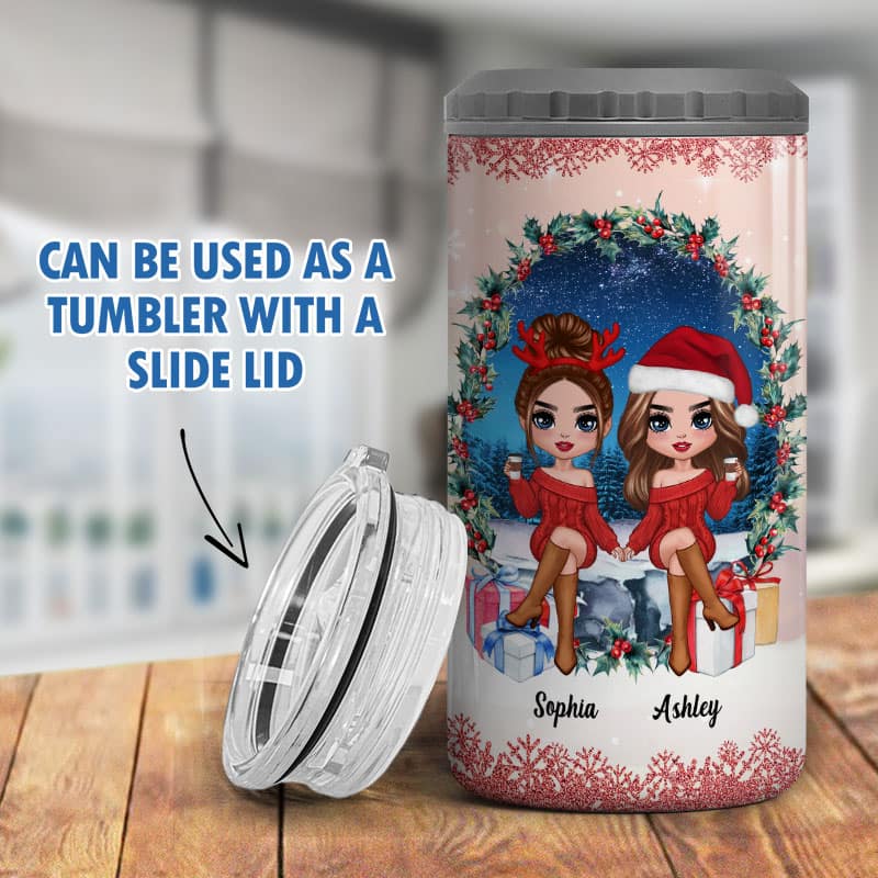Doll Besties Sisters Sitting In Wreath Personalized 4 In 1 Can Cooler