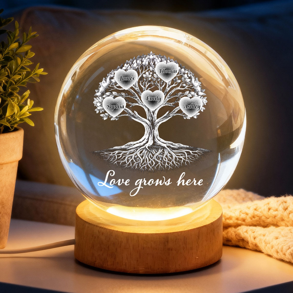 Grandkids Heart Tree Of Life - Personalized Crystal Ball LED Night Light - Mother's Day Gift For Grandma