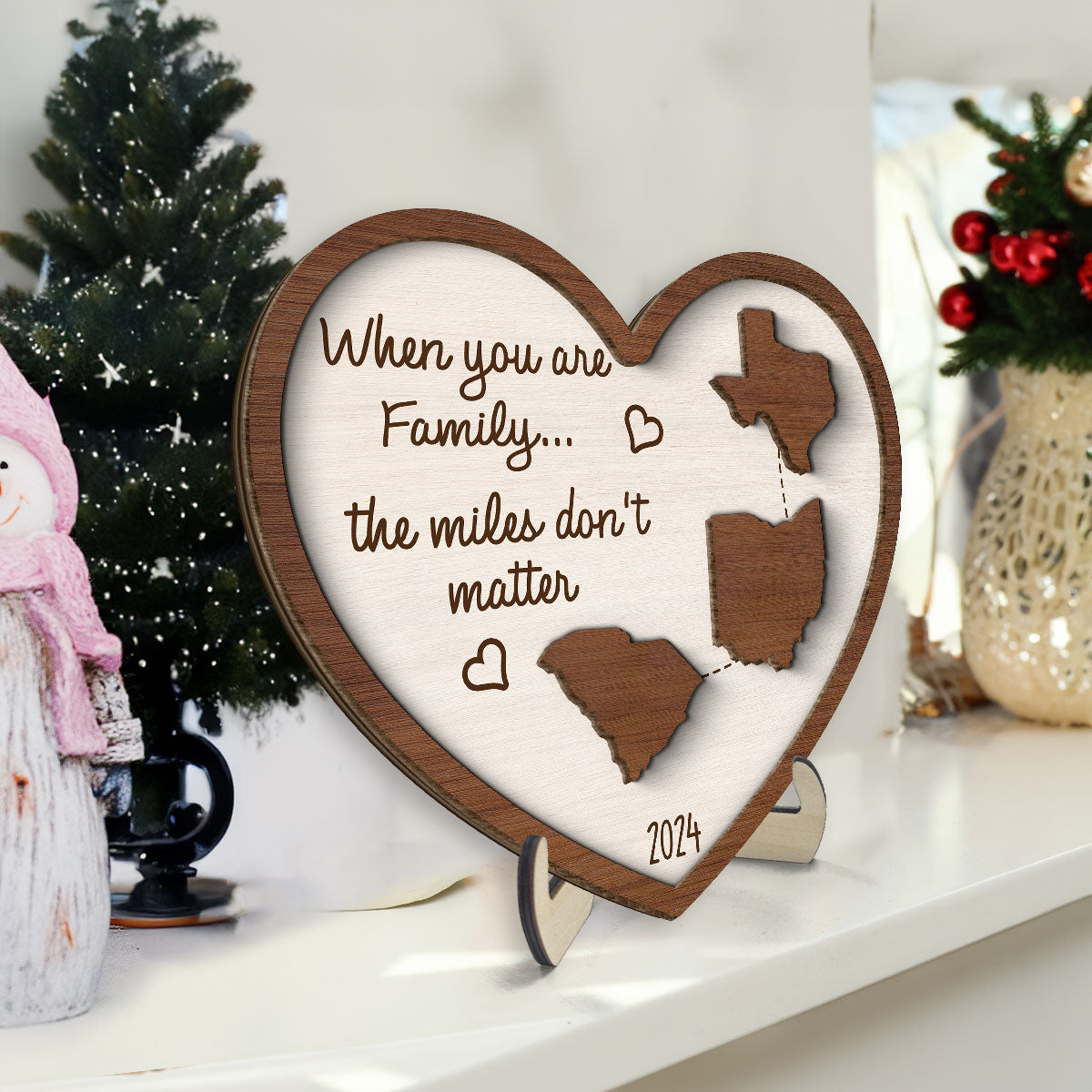 Miles Apart Long Distance Family Friendship State Map Personalized 2-Layer Wooden Plaque