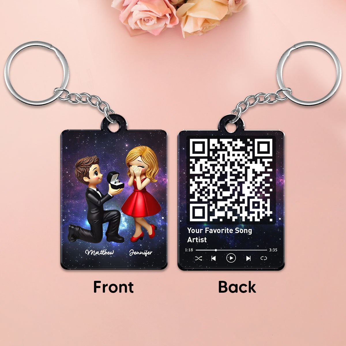 Couple In Galaxy Night Personalized Acrylic Flat Keychain, Just Engaged  Gifts for Couples, Favorite Song Scannable QR Code