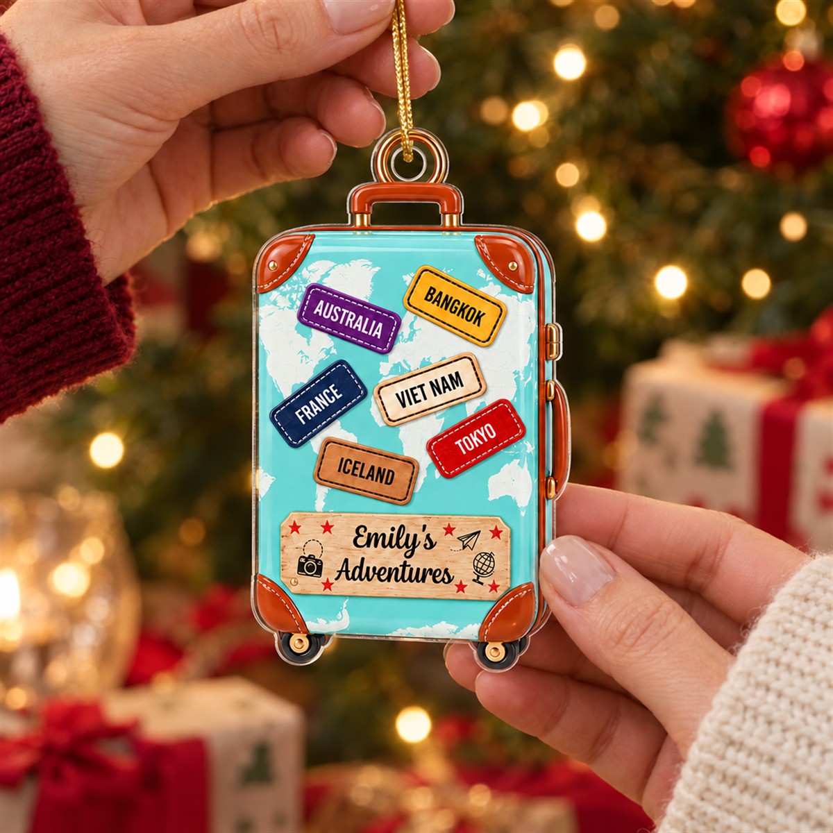 Suitcase Travel World Map 2D Flat Printed - Personalized Acrylic Ornament - Christmas Keepsake Ornament
