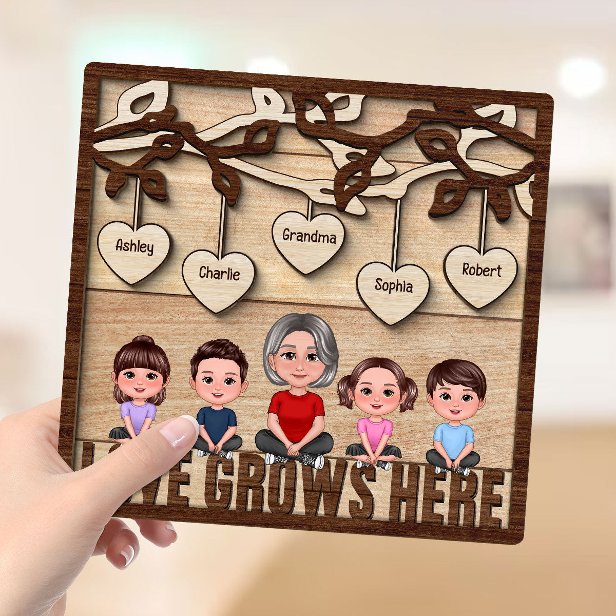 Love Grows Here Grandma Grandkids Personalized 2-Layer Wooden Plaque