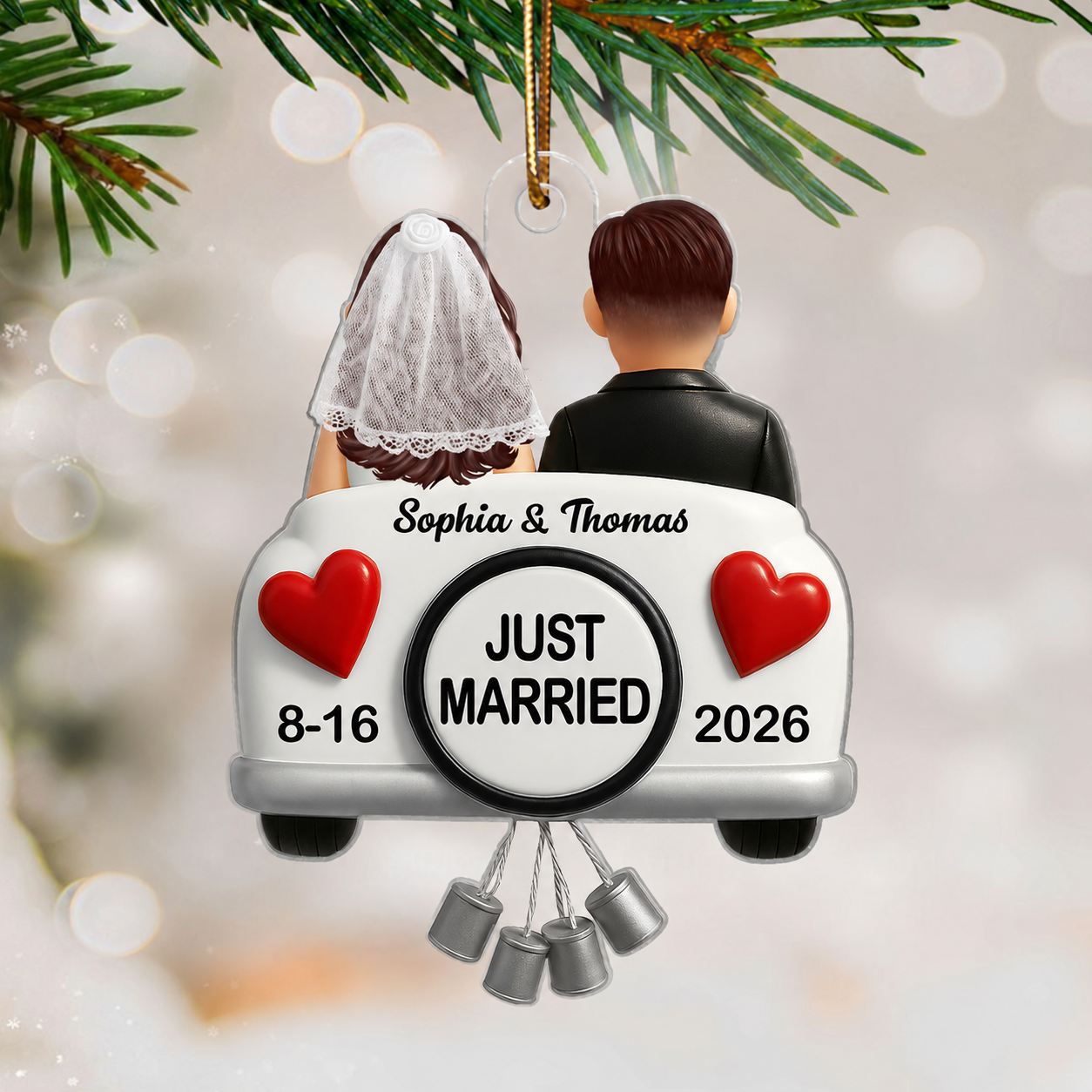 3D Effect Just Married Couple First Christmas Married Personalized Flat Acrylic Ornament, Gift For Newly Wedding Couple