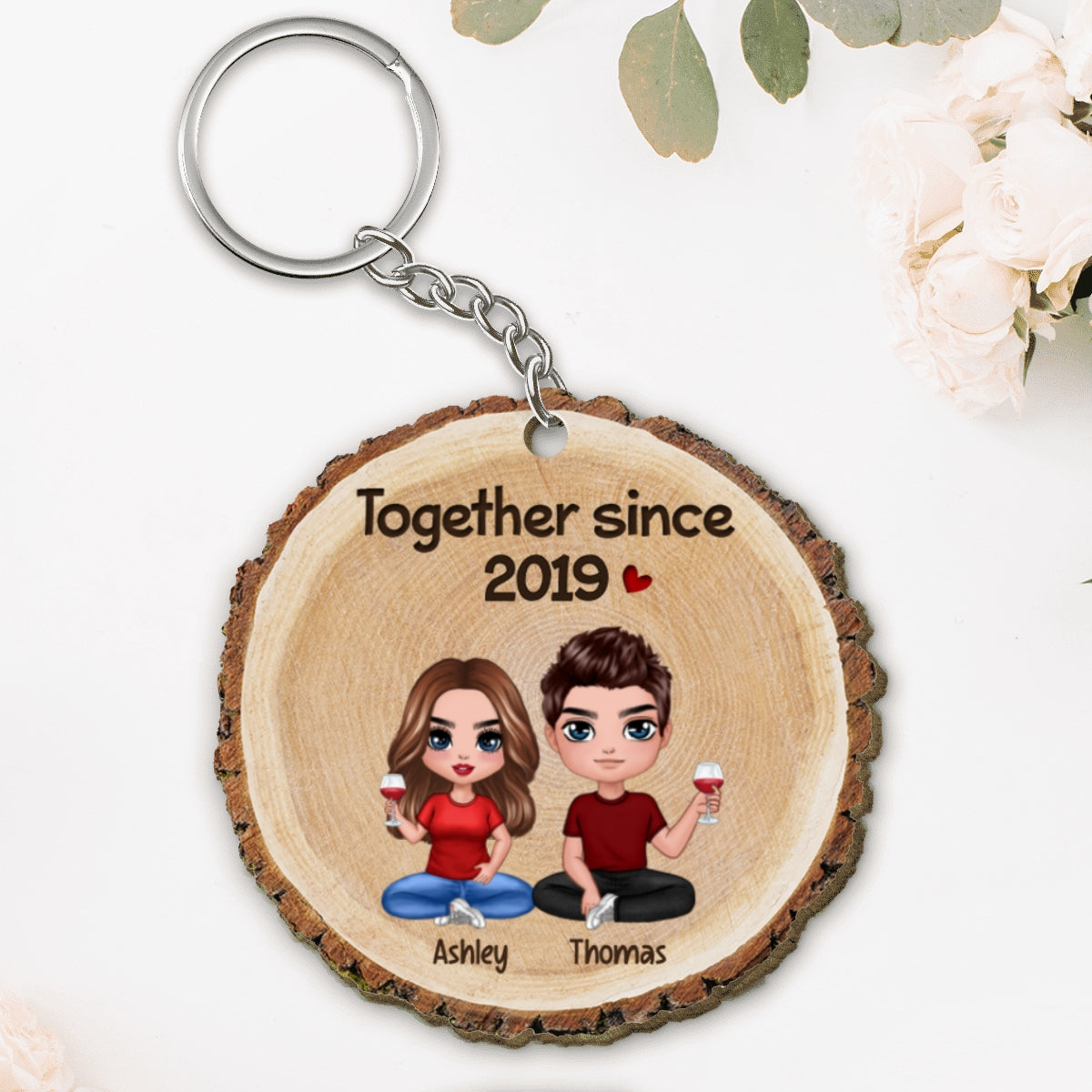 Wood Slice Texture Doll Couple Sitting Gift For Him For Her Personalized Wooden Keychain