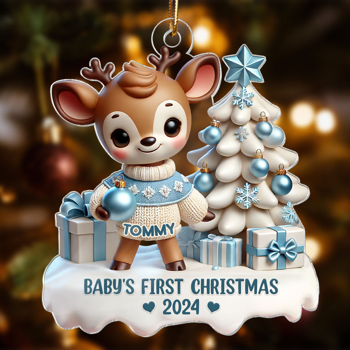 3D Effect Cute Reindeer Baby's First Christmas Personalized Acrylic Ornament, Christmas Gift For Newborns, New Parents