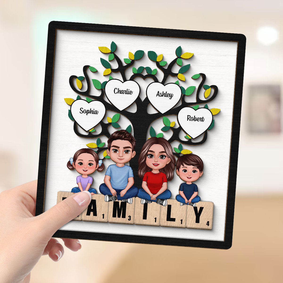 Family Crossed  Legs Under Tree On Text Personalized 2-layer Wooden Plaque