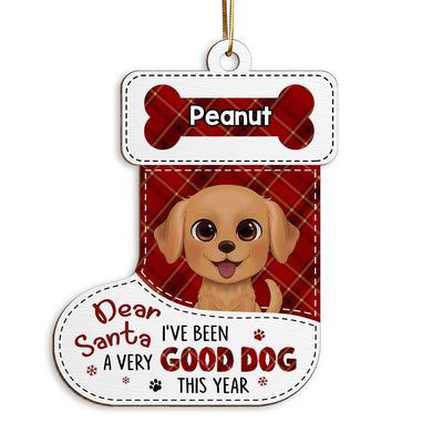 Dear Santa Watercolor Cute Dogs Stocking Shape Personalized Wooden Ornament