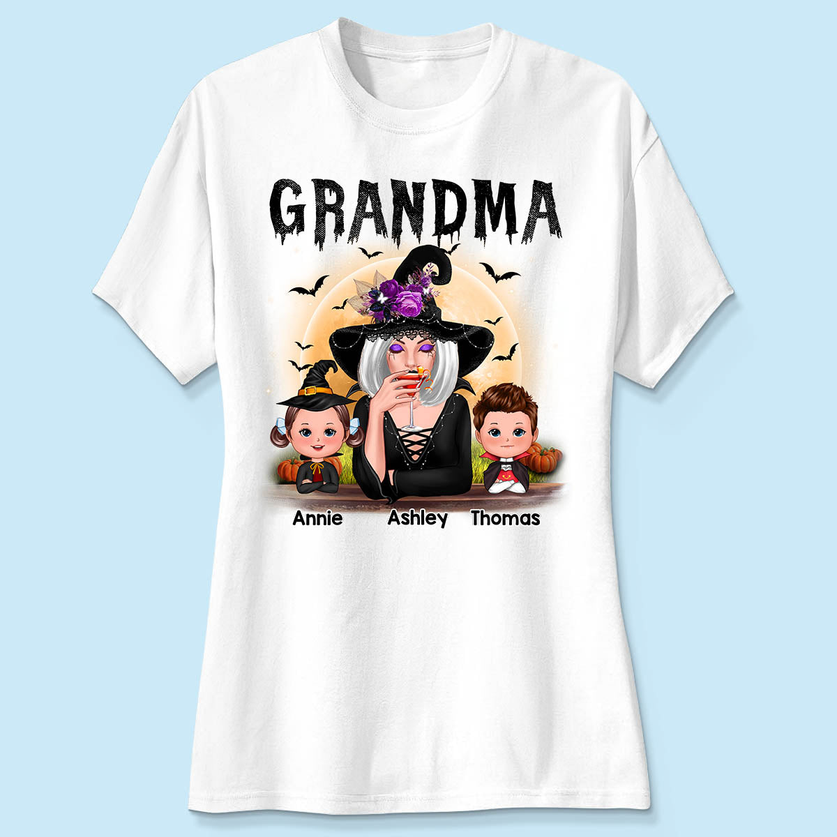 Grandma Mom Witch With Grandkids Personalized Shirt, Halloween Gift For Grandma, Mom