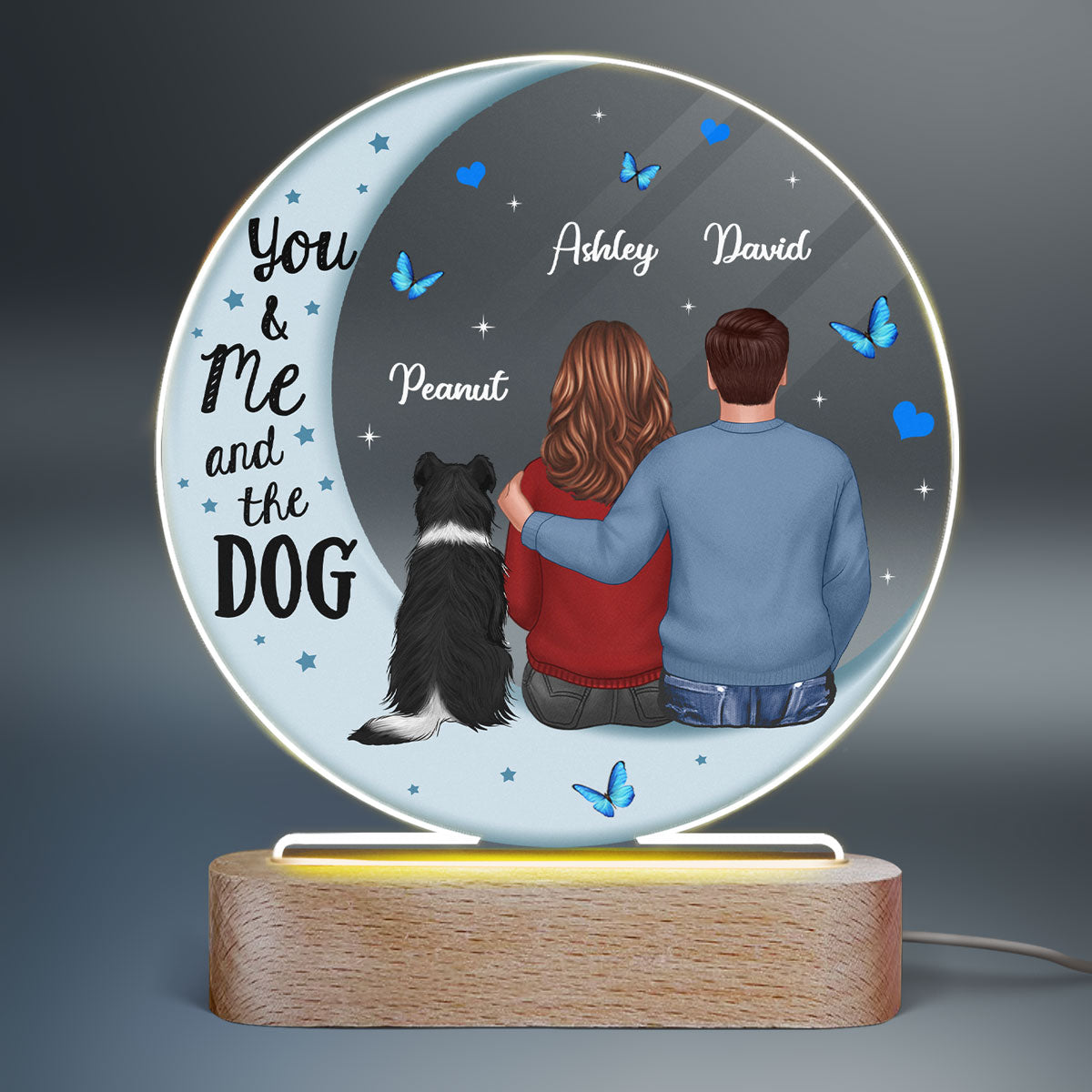 Couple And Dog Blue Moon Personalized Circle Plaque LED Night Light - Acrylic LED Lamp - Valentine‘s Day Gift For Him, Gift For Her
