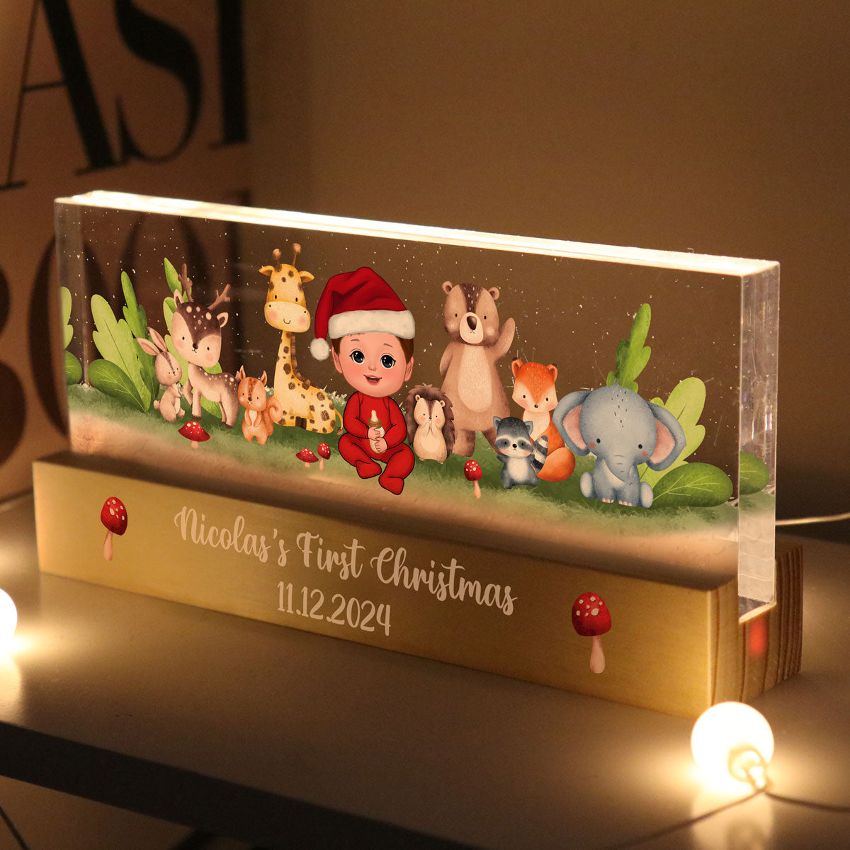 Woodland Animals Baby Christmas Personalized Acrylic Block LED Night Light