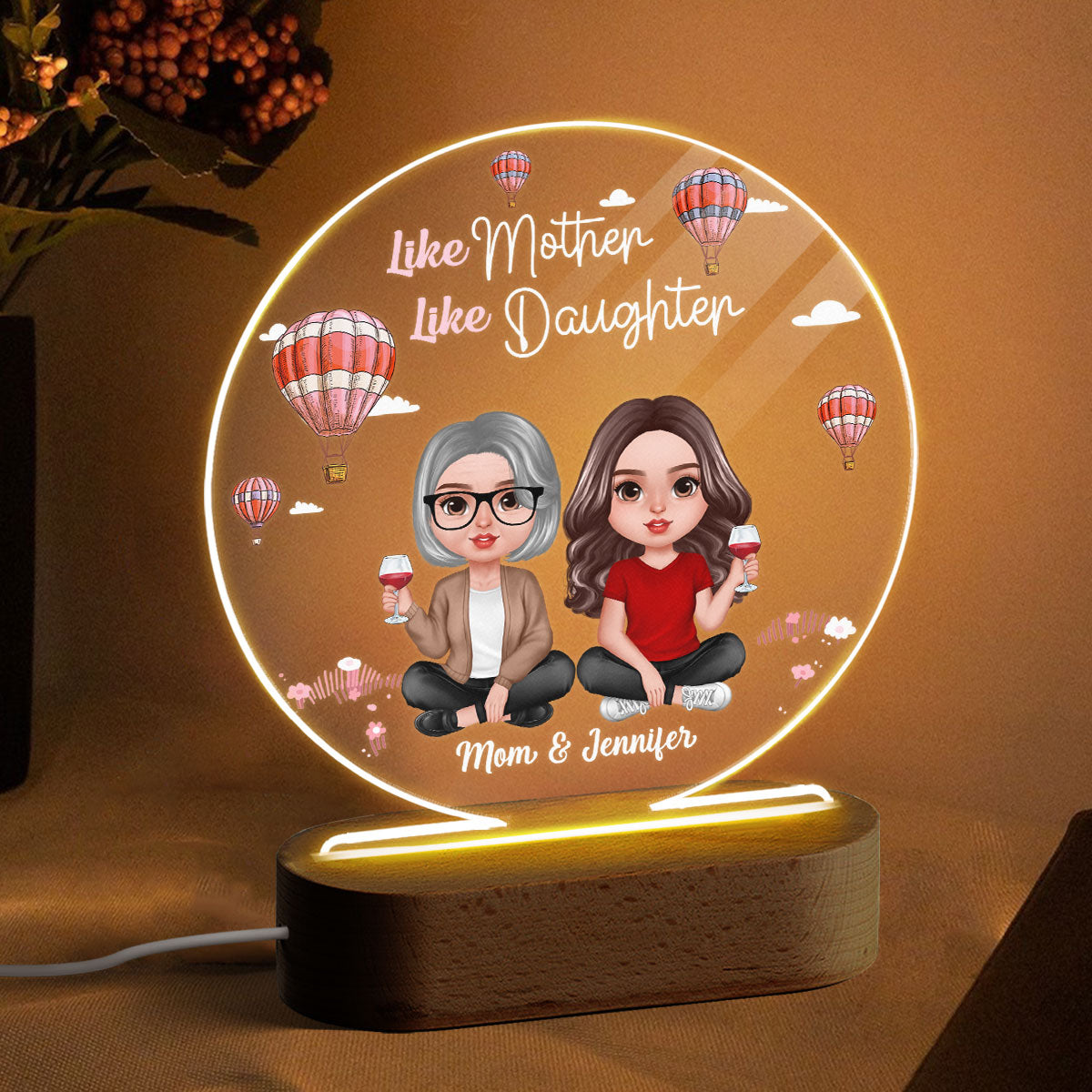 Doll Mother Daughter Air Balloon Personalized Acrylic Circle LED Night Light