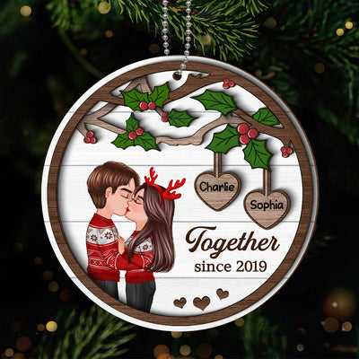 Couple Kissing Under Mistletoe Personalized 2-Layer Wooden Ornament, Christmas Gift For Him, For Her