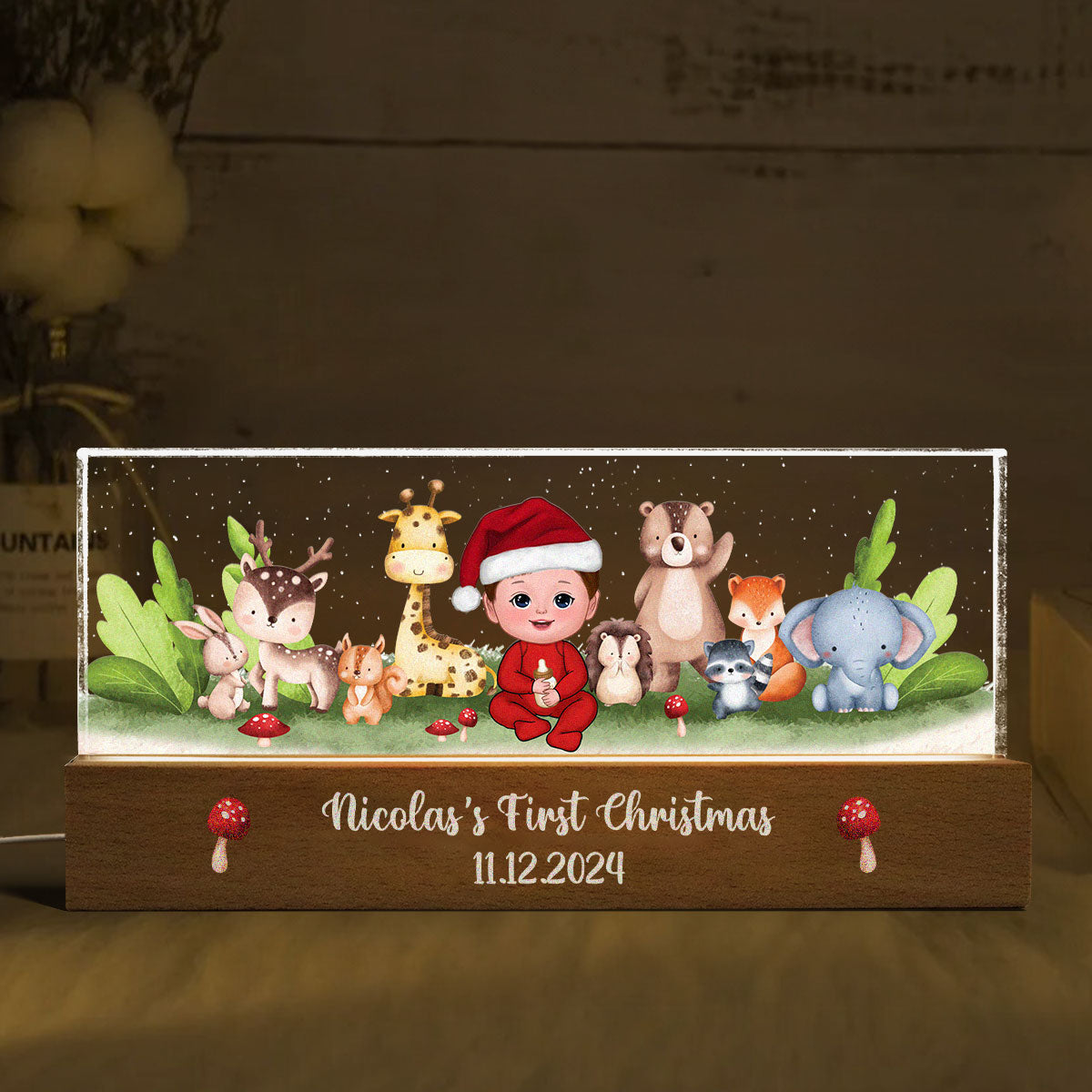 Woodland Animals Baby Christmas Personalized Acrylic Block LED Night Light