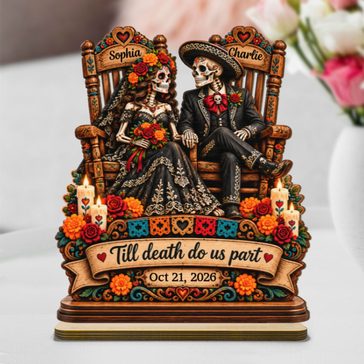 Till Death Do Us Part Skeleton 2D Flat - Personalized 2-Layered Wooden Plaque - Skull Decor Anniversary Wedding Gift for Couple, Gothic Home Decor, Dia de los Muertos, Day of the Dead Gift