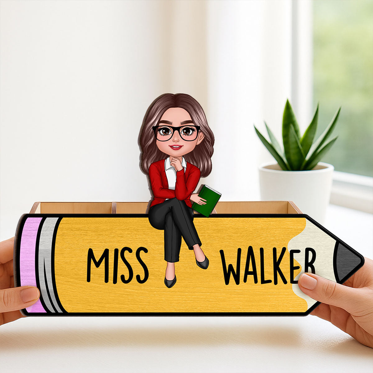 Doll Teacher Sitting On Pencil Personalized Wooden Pen Pencil Holder, Back To School Gift