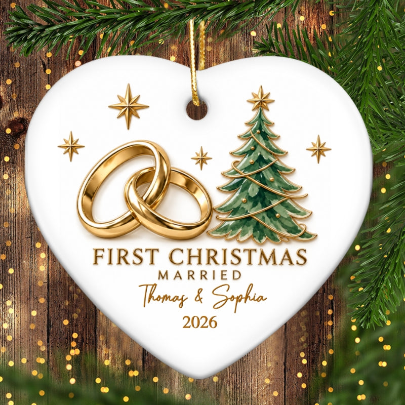 First Christmas Married Couple Names Wedding Rings - Personalized Ceramic Ornament - Newlywed Christmas Gift, Wedding Keepsake