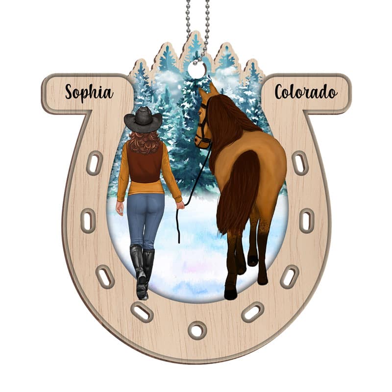 Girl And Horse Horseshoe Personalized Wooden Ornament