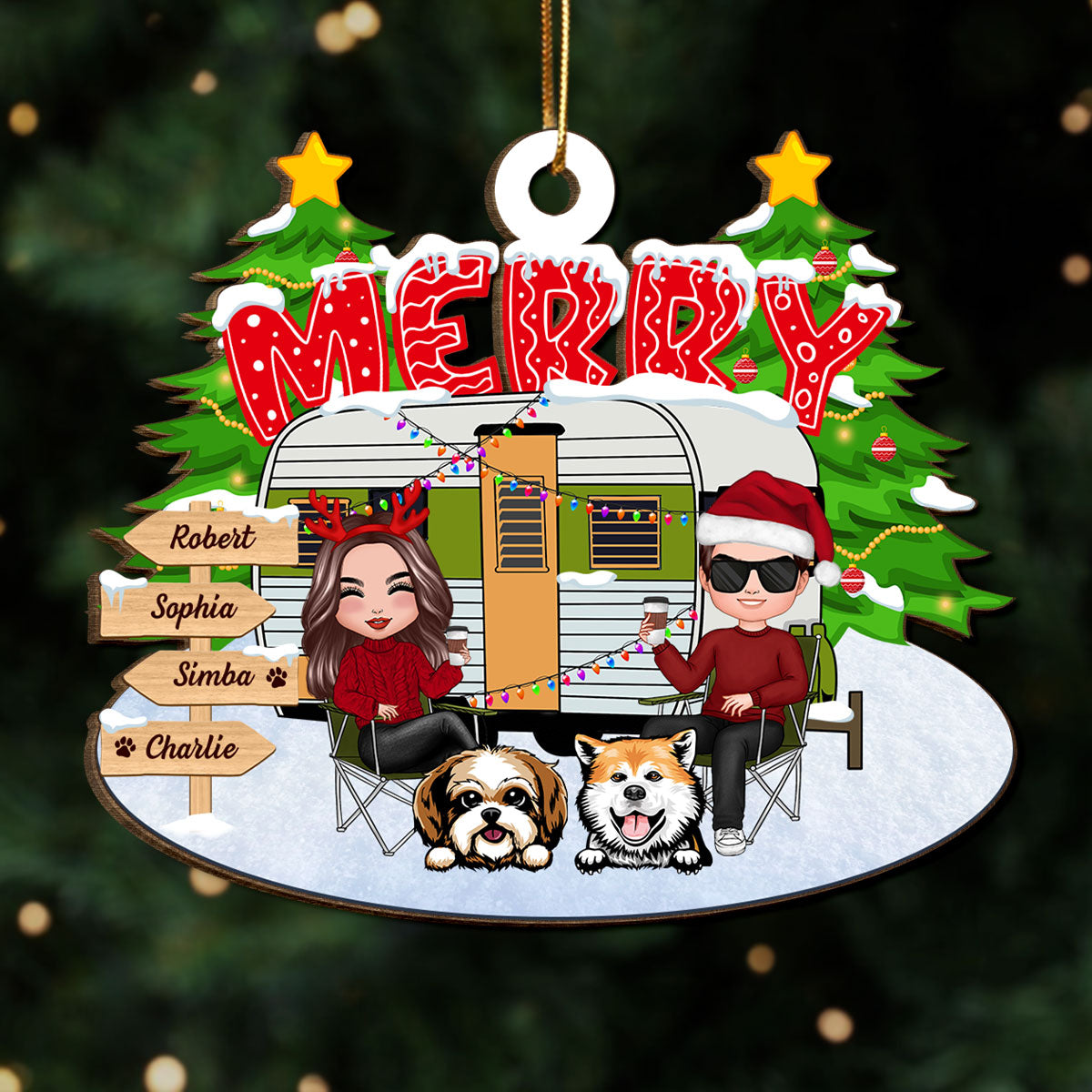 Couple And Dogs Camping Merry Christmas Personalized Wooden Ornament