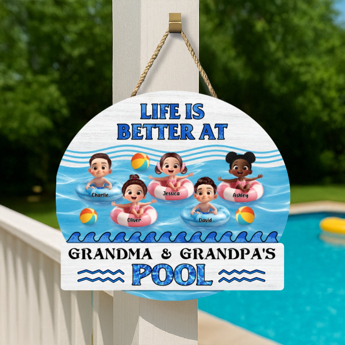 Life is Better at Grandma & Grandpa Pool Personalized Wooden Door Sign, Grandchildren Welcome Sign