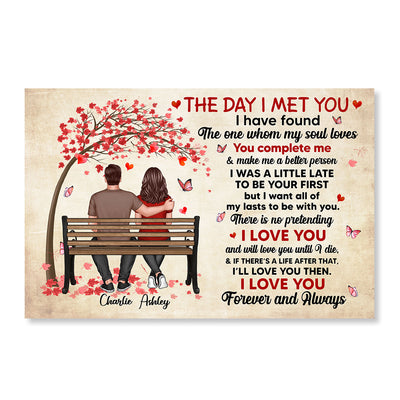 The Day I Met You Couple Sitting On Bench Under Tree Personalized Horizontal Poster