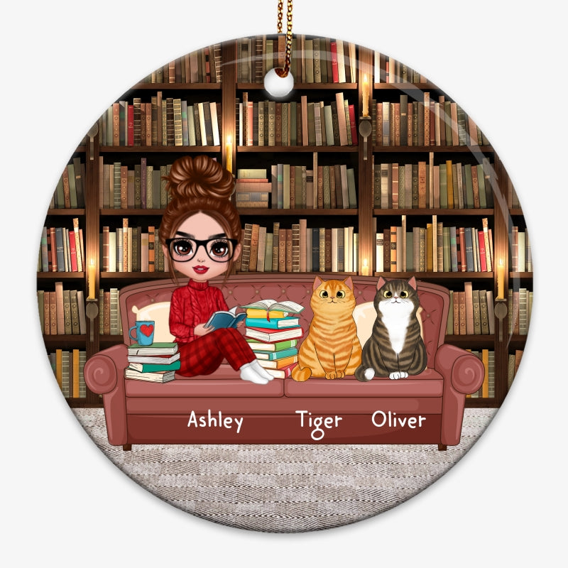 Doll Girl Reading Books And Cats On Sofa Personalized Circle Ornament