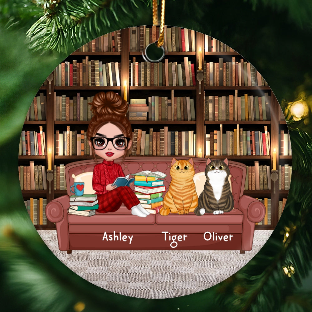 Doll Girl Reading Books And Cats On Sofa Personalized Circle Ornament