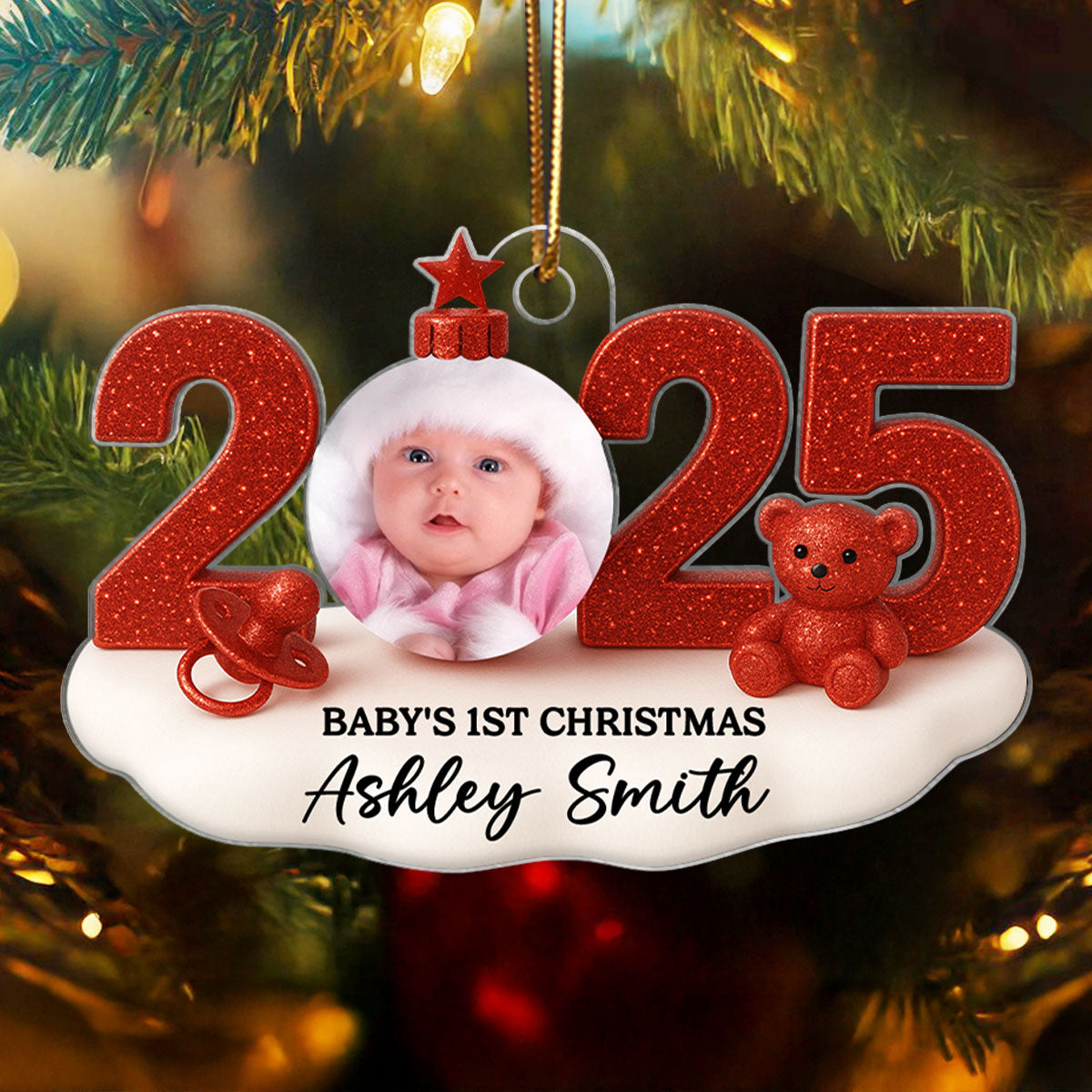 Baby Photo 2025 First Christmas 3D Glitter Effect - Personalized Acrylic Ornament - Christmas Gift for New Parent, Newborn Keepsake