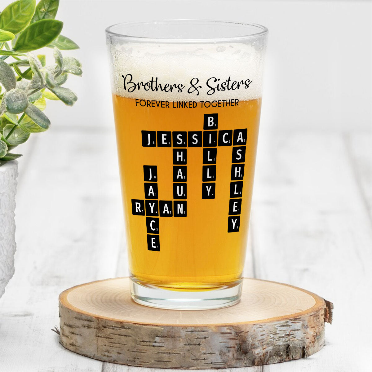 Brothers & Sisters Forever Linked Together Crossword Puzzle Art Personalized Beer Glass, Gift For Brothers, Sisters, Siblings, Family