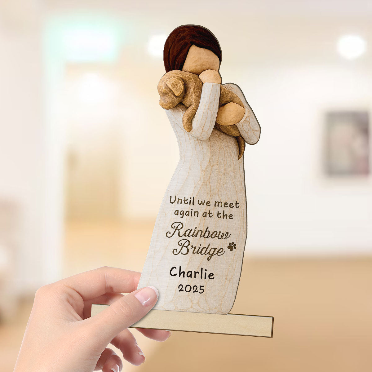 Until We Meet At Rainbow Bridge Woman & Dog 3D Effect Personalized Standing Wooden Plaque, Memorial Sympathy Gift