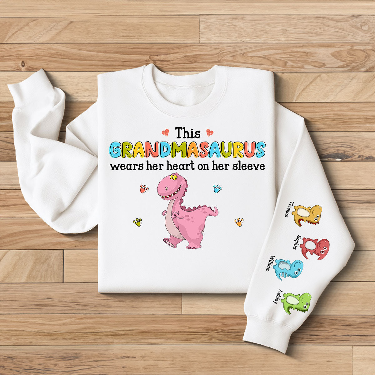 This Grandmasaurus Wears Her Heart On Her Sleeve Personalized Sleeve Printed Sweatshirt