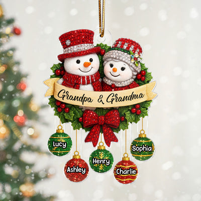 Snowman Grandparents on Christmas Wreath 3D Crystal Effect - Personalized Acrylic Ornament - Christmas Gift for Grandma, Grandpa