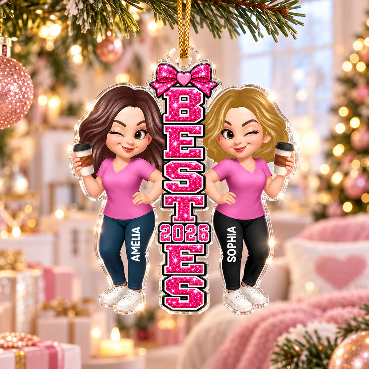 Trending Pink Besties Sisters - Personalized Acrylic Ornament - Christmas Gift For Friends, Family, Girls