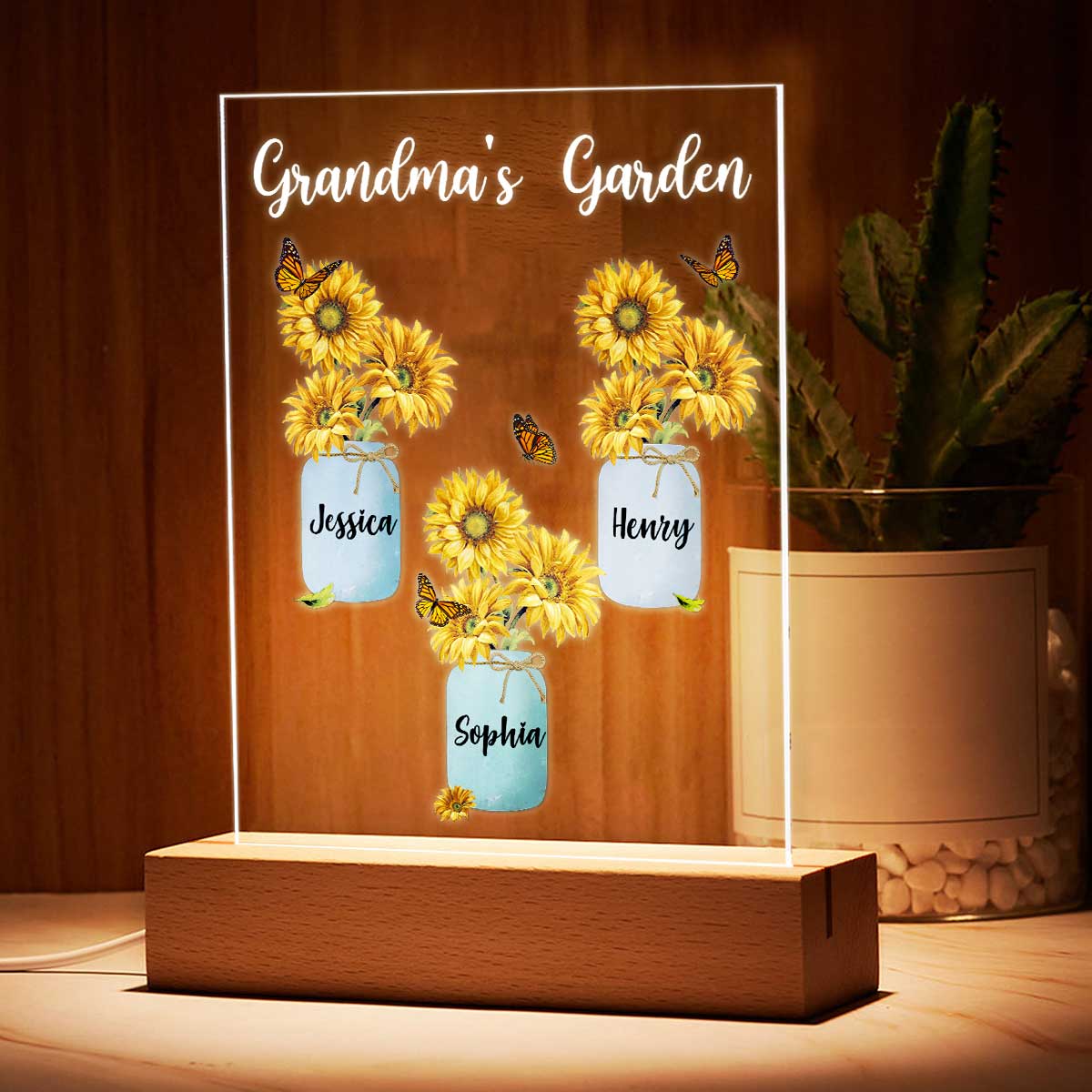Grandma Garden Sunflower Personalized Plaque LED Night Light, Acrylic LED Lamp, Gift For Grandma