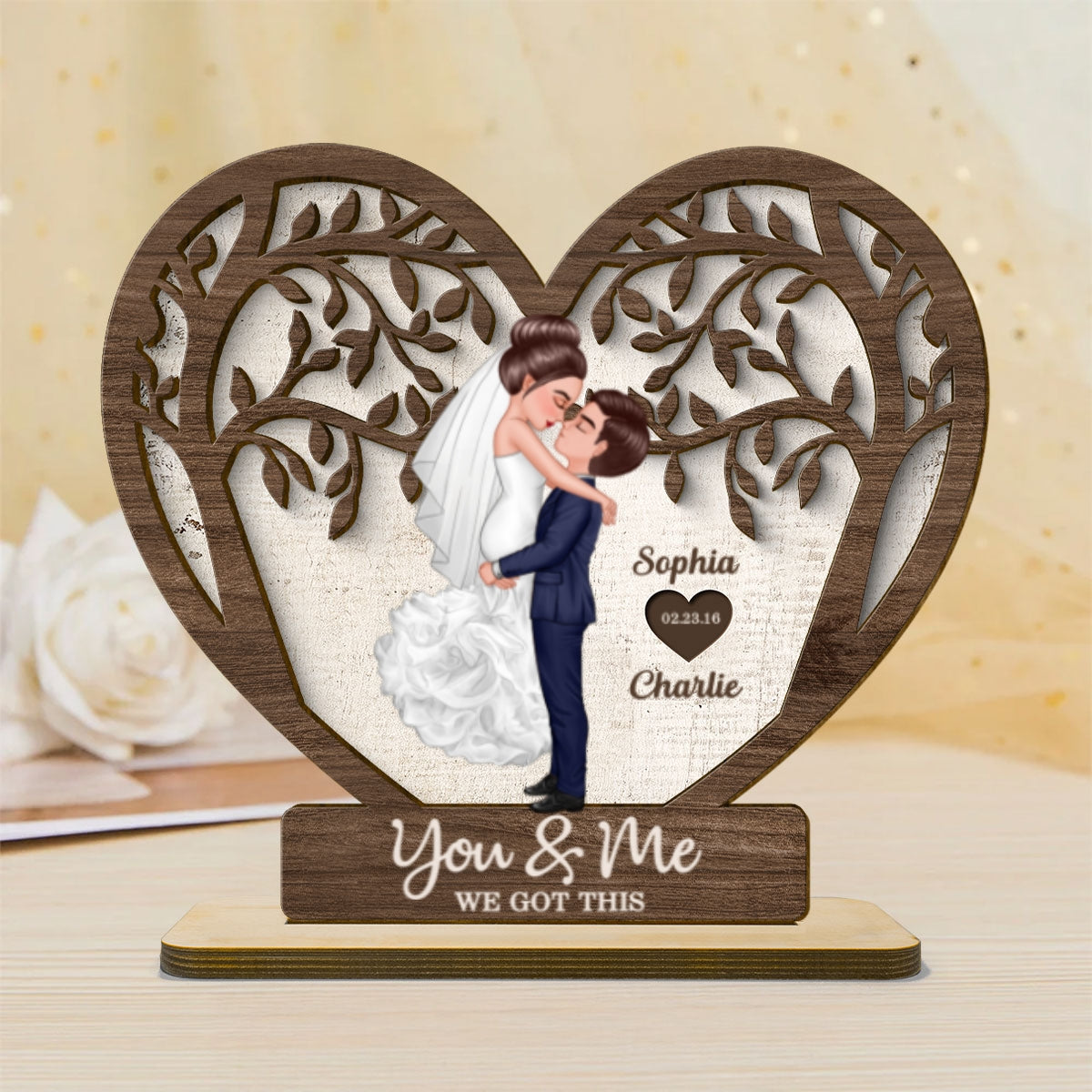 Groom & Bride Kissing Under The Tree Personalized 2-Layered Standing Wooden Plaque, Perfect Home Decor, Wedding Gift, Anniversary Gift For Him For Her For Couple