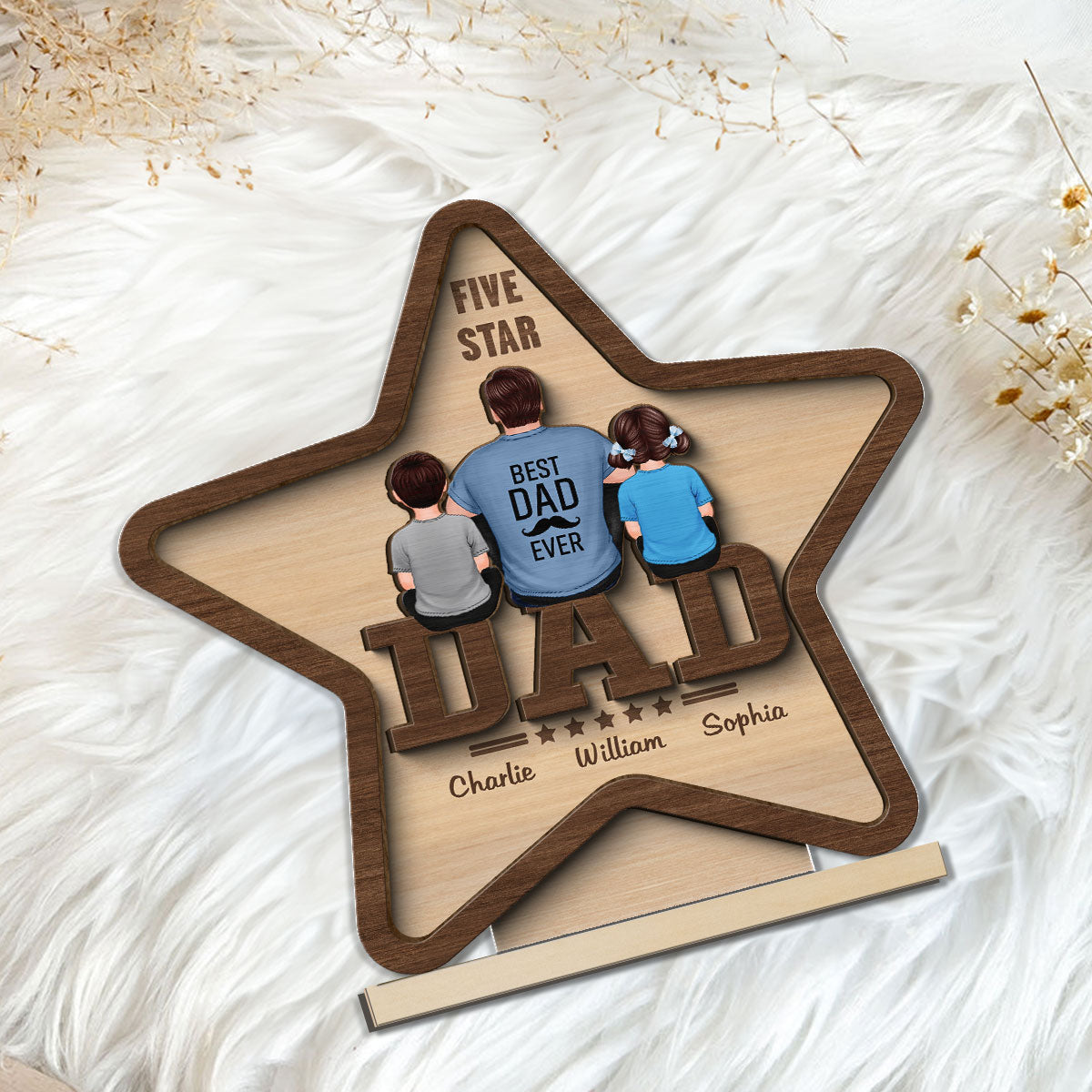 Five - Star Dad Back View Dad And Kids Personalized 2-Layer Standing Wooden Plaque