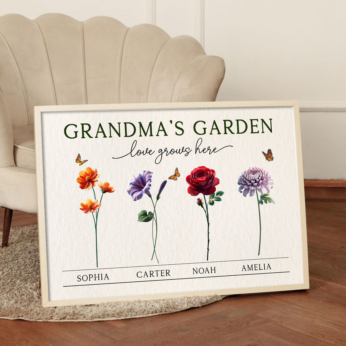 Grandma's Garden 3D Effect Birth Month Flower Personalized Poster, Gift For Grandma