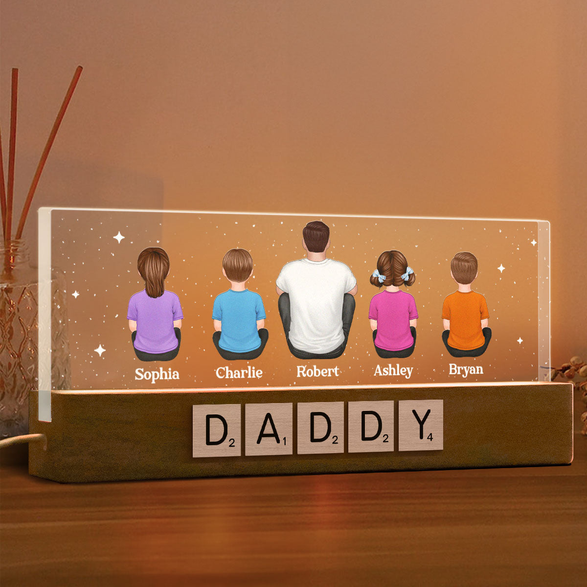 Daddy Grandpa Letters Wood Texture Sitting Back View Personalized Acrylic LED Night Light
